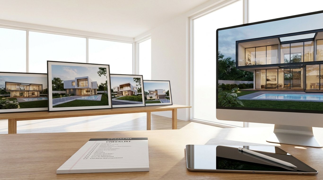 Checklist de 9 escenas 3D para casas modernas en portales