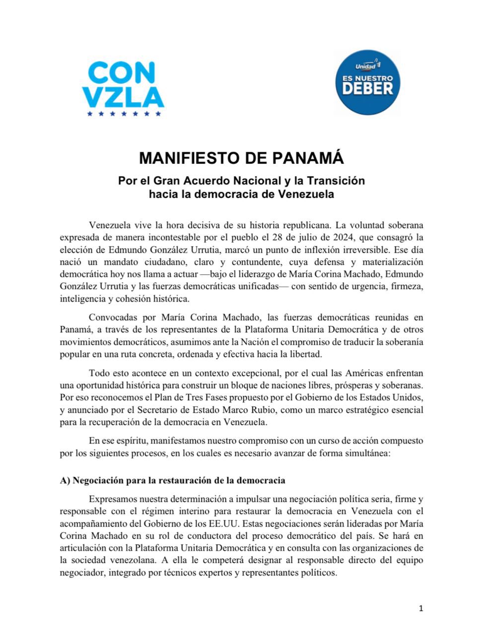 Manifiesto de Panamá por las fuerzas democráticas venezolanas
