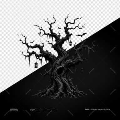 Dark Haunted Tree With Bats And Lanterns PNG Transparent Background
