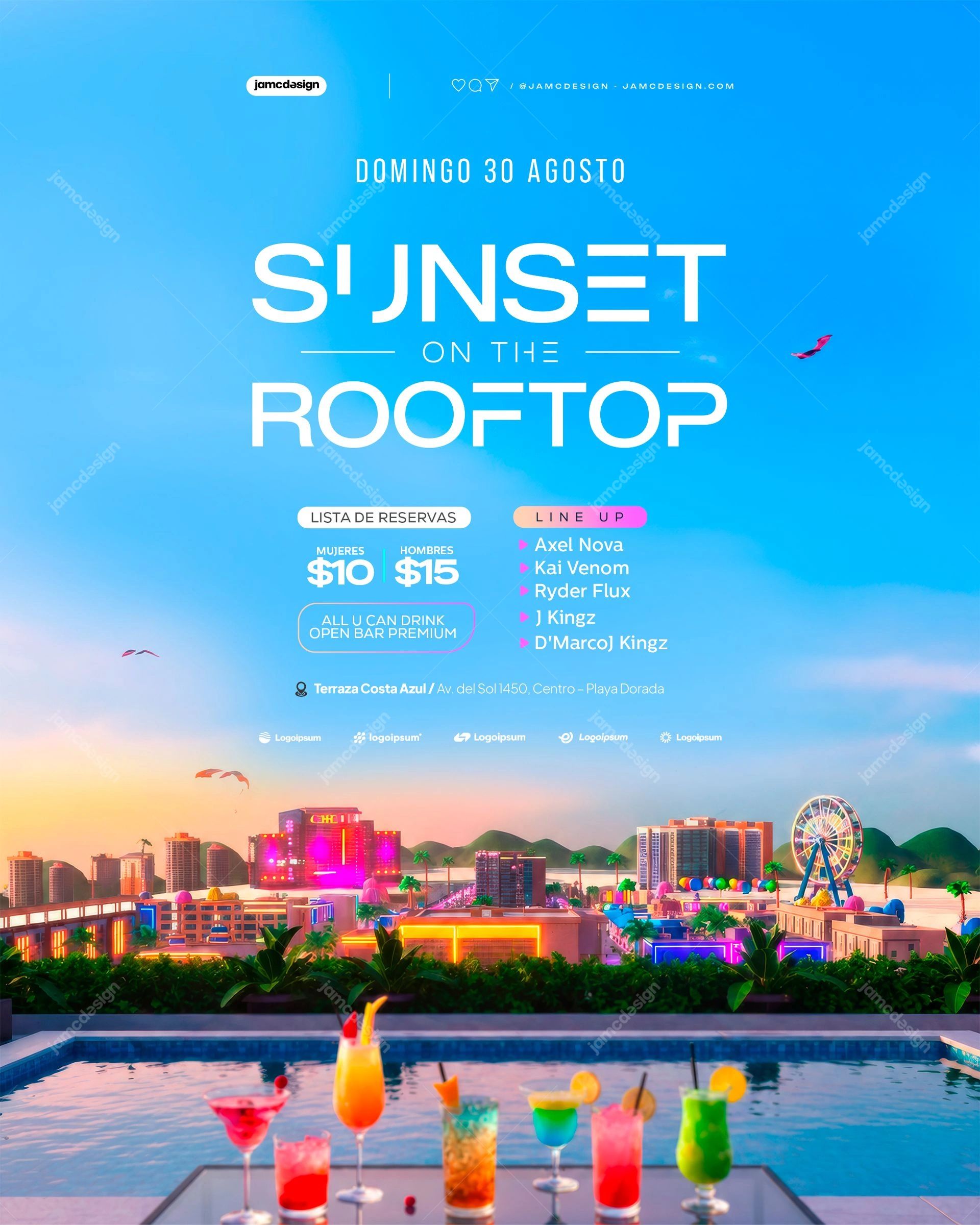 Sunset On The Rooftop Flyer Template PSD Editable. Editable PSD template for a rooftop party social media flyer