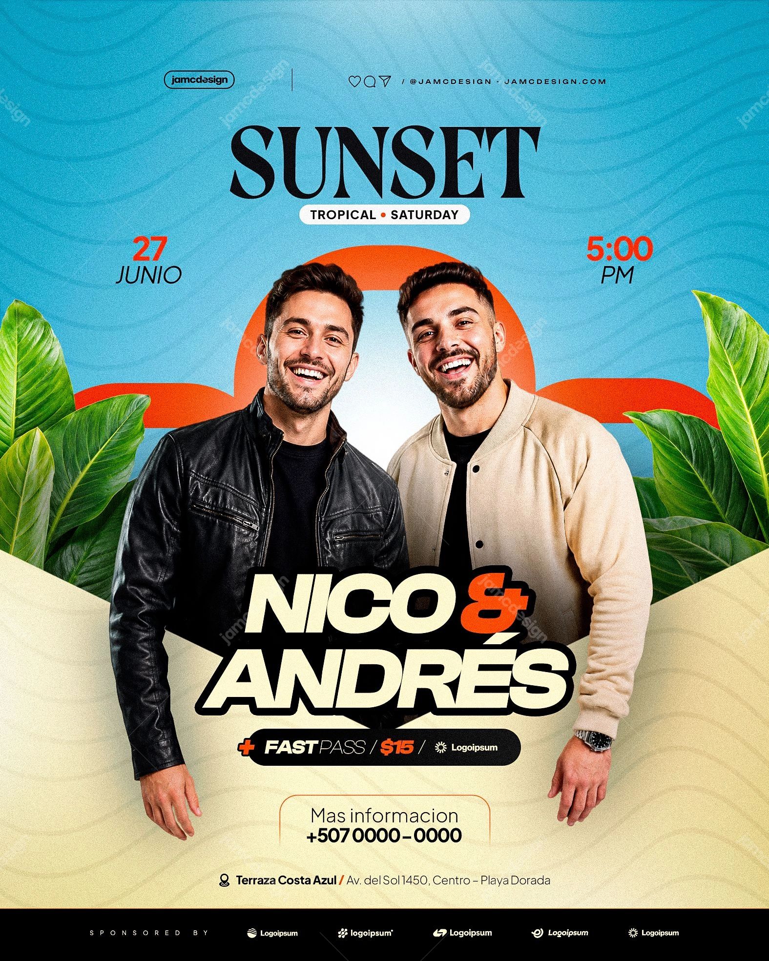 Sunset Tropical Flyer Template PSD Editable. Editable PSD template for a tropical event flyer featuring bold condensed lettering, two smiling men