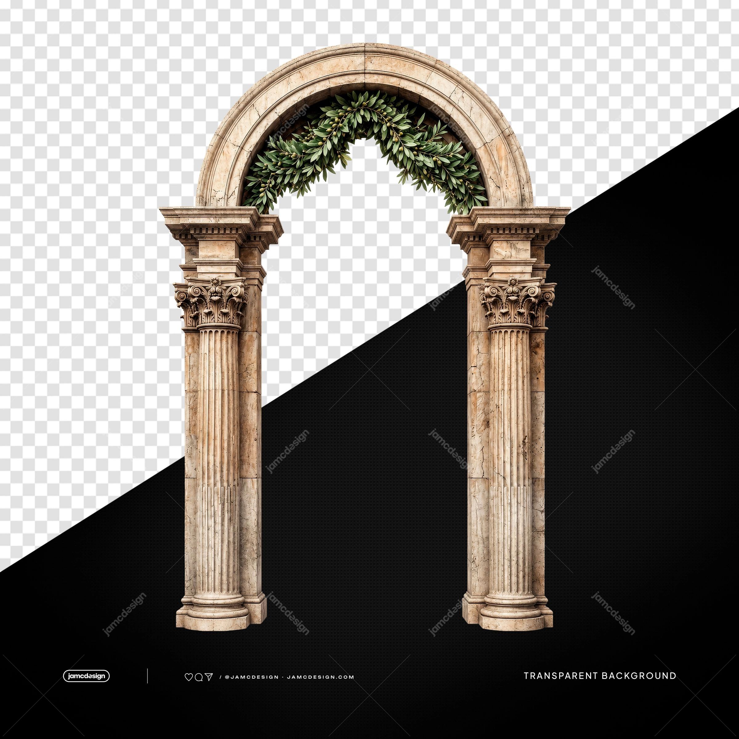 Roman Stone Arch with Green Leaves PNG Transparent Background