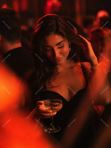 Woman Enjoying Cocktail At Crowded Nightclub Red Lit Party JPG