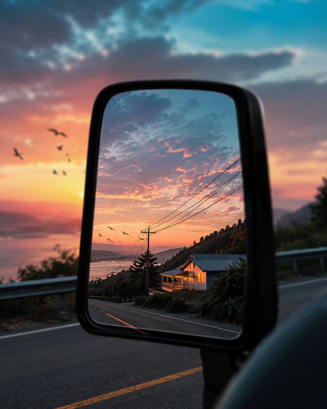 Sunset Road Trip Mirror View Background