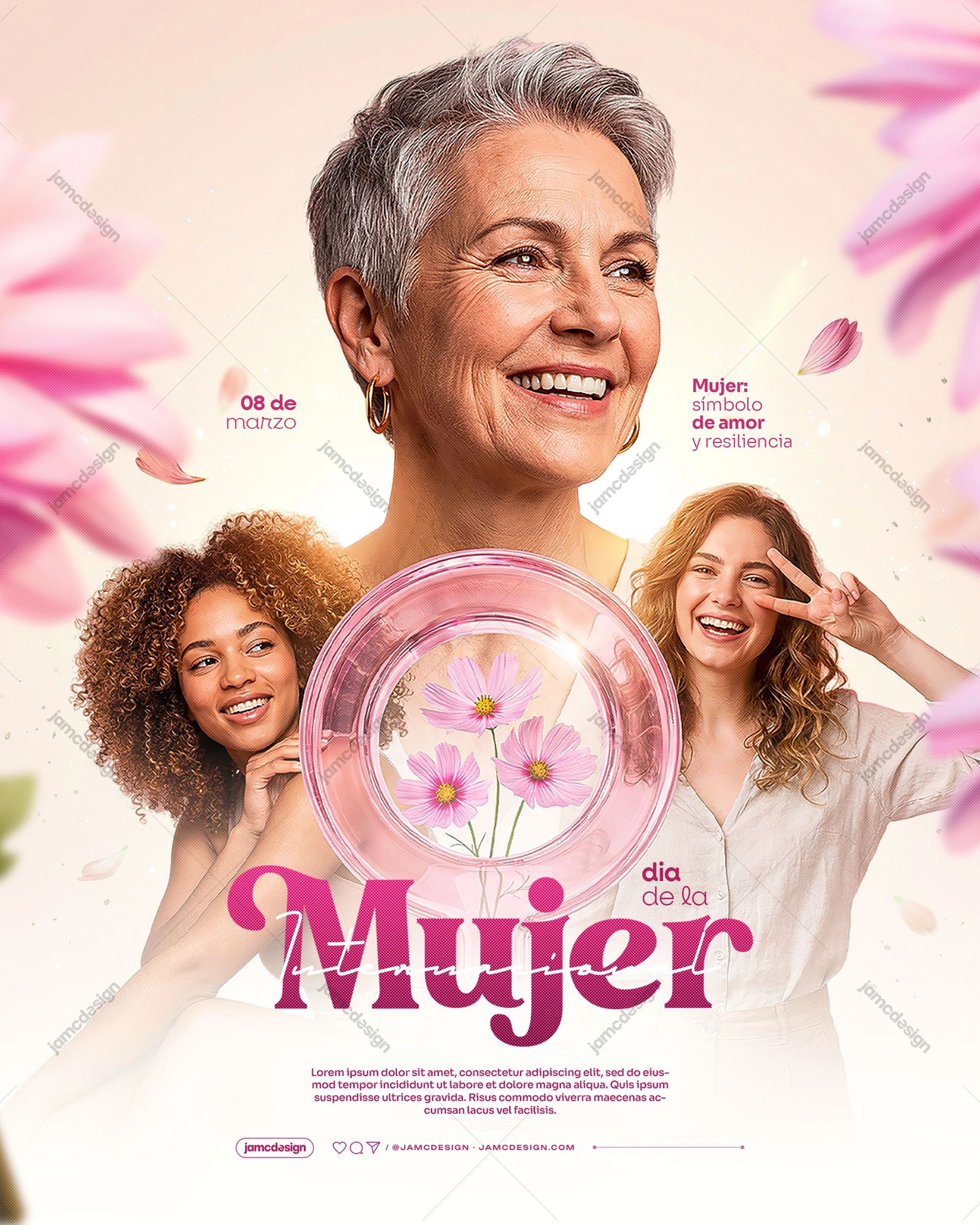 Dia De La Mujer Flyer Template PSD. Editable PSD template for a Women's Day event flyer, featuring three smiling women in portrait photography