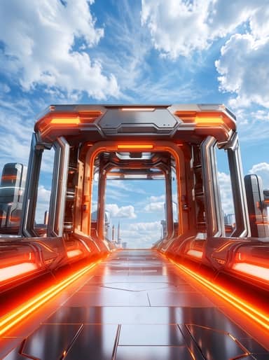 Futuristic Sci Fi Corridor With Orange Neon Lights Background