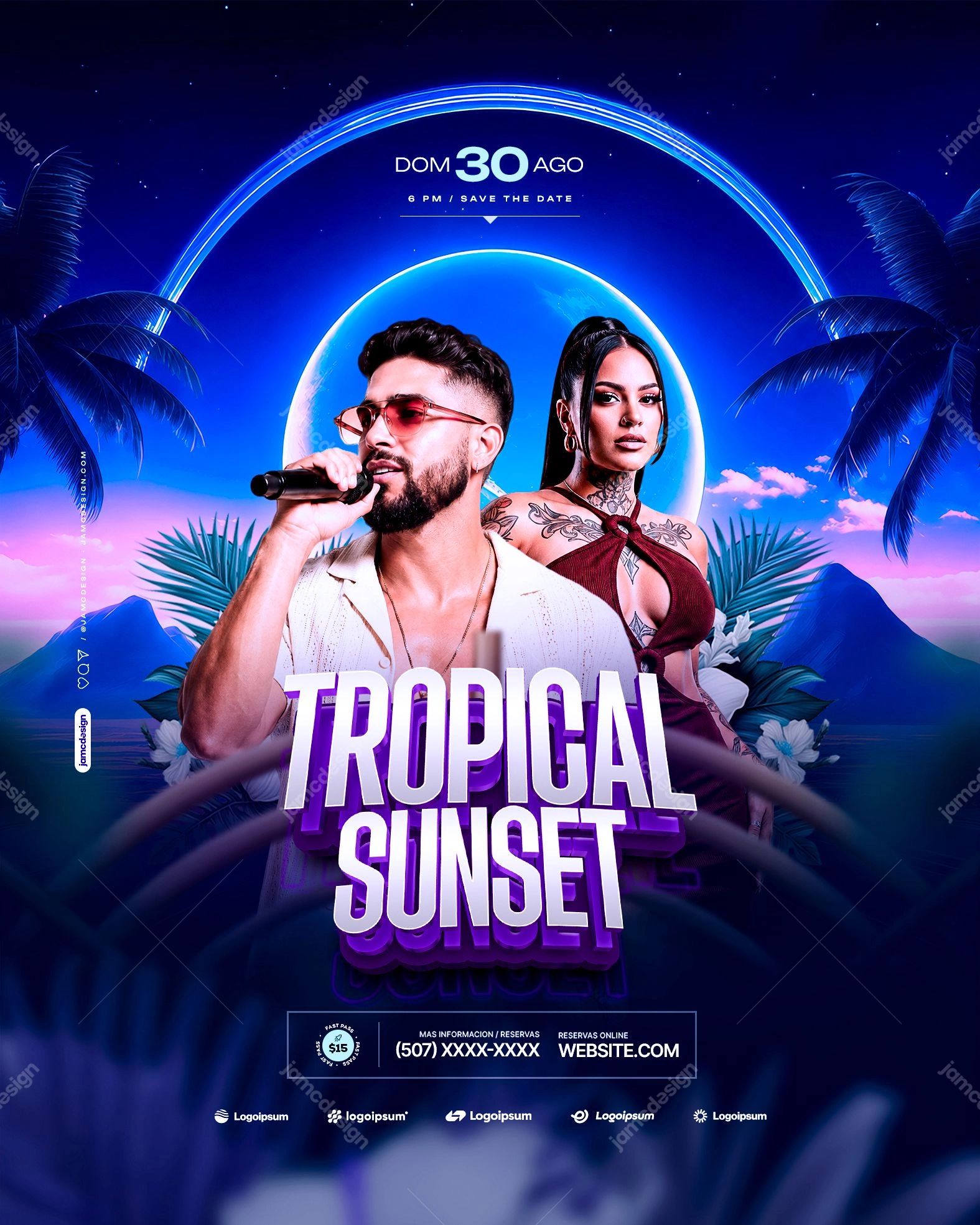Tropical Sunset Social Media Flyer Template PSD Editable. Editable PSD template for a tropical sunset social media flyer with a blue and purple aesthetic