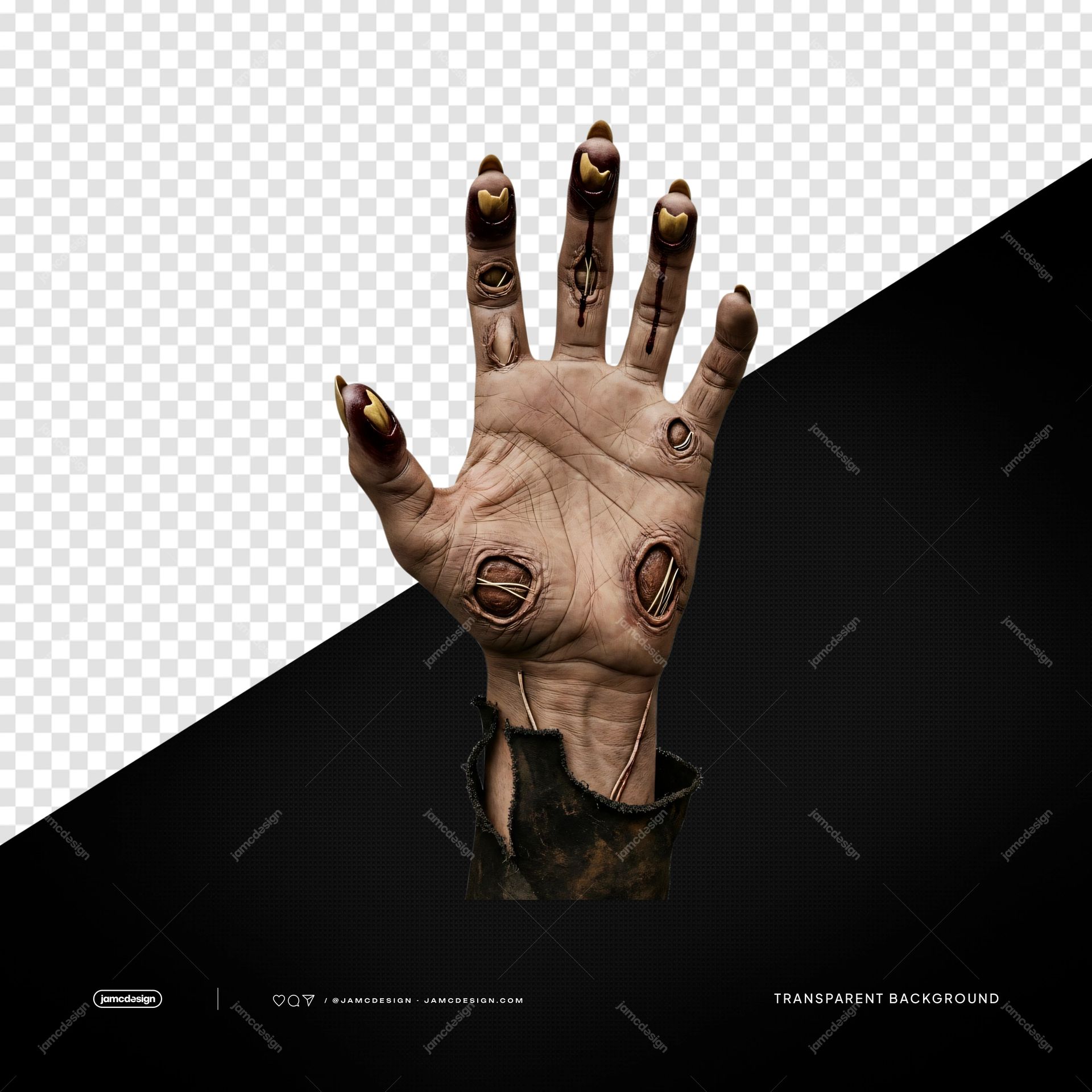 Mano de Zombi Extendida con Uñas Oscuras PNG Transparente. Objeto PNG transparente y fotorrealista de una mano en descomposición que se extiende