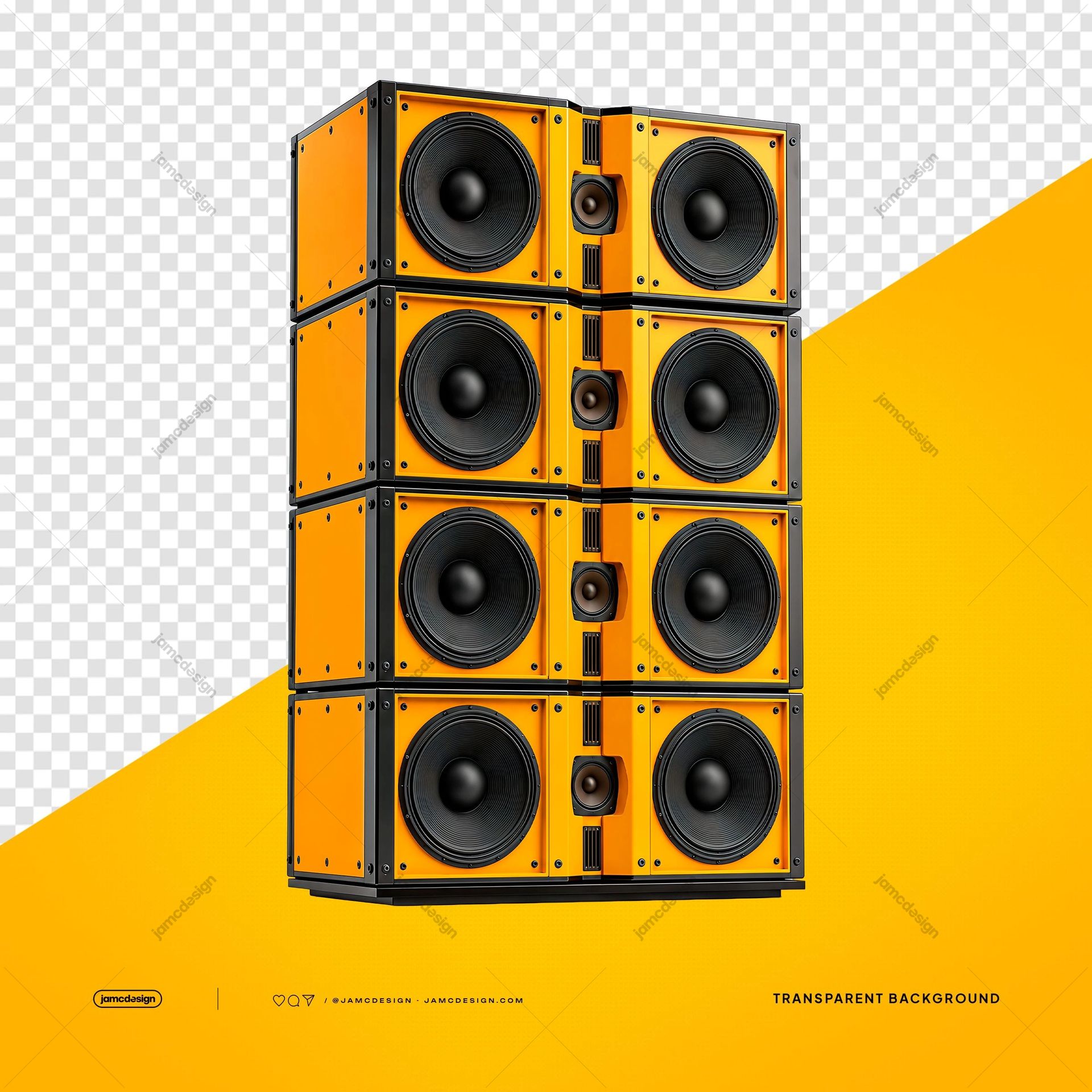 3D Festival Speaker Stack Transparent Background. Editable PSD of a 3D rendered speaker stack featuring bright orange cabinets