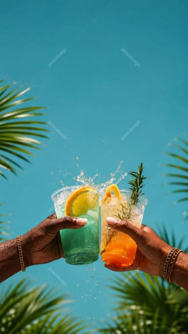 Fundo de Festa Tropical de Verão com Coquetéis e Folhas de Palmeira