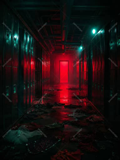 Red Door Glow School Locker Hallway Crimson Mist Interior Background JPG