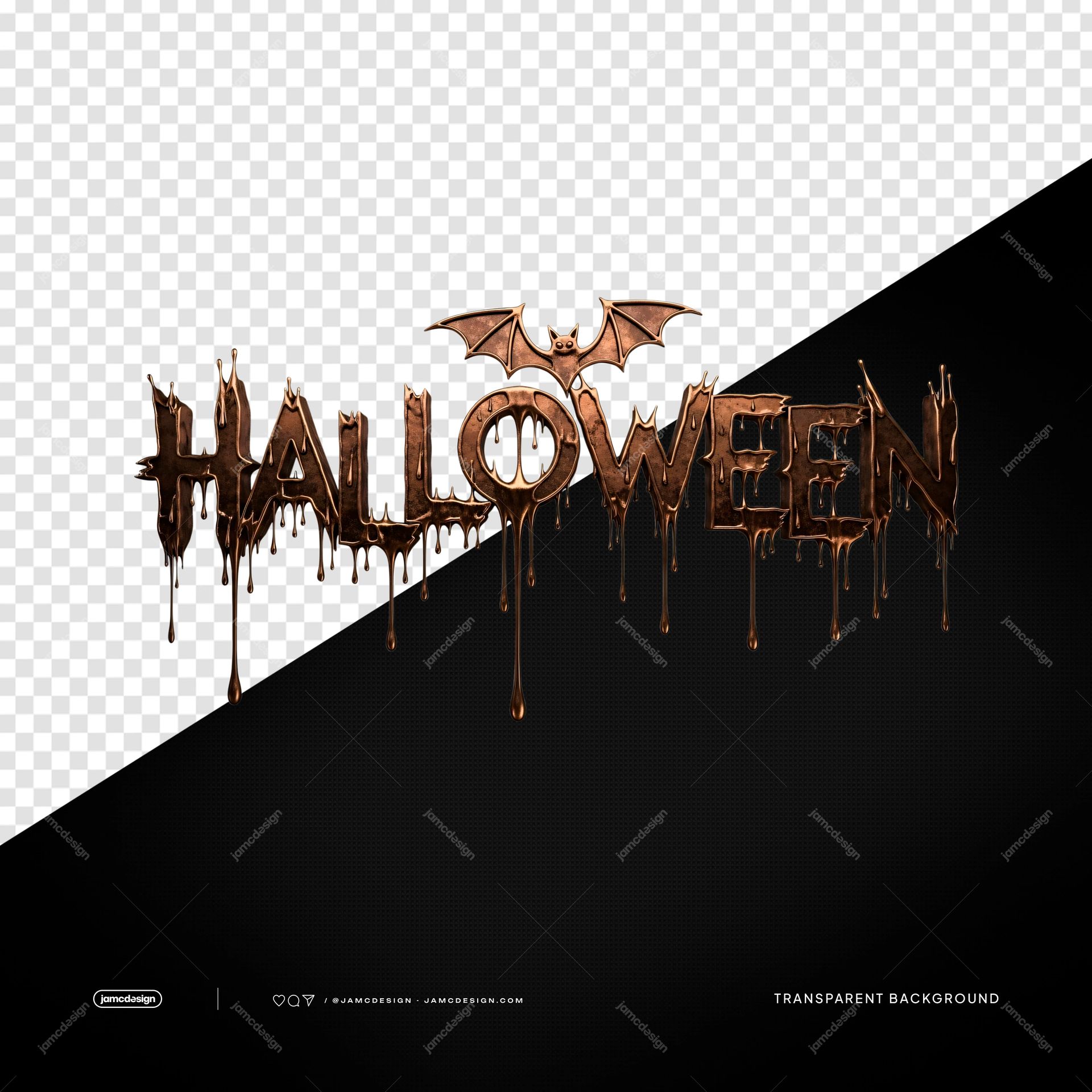 Texto de Halloween con Goteo de Sangre y Bat Cobrizo PNG Transparente. Texto de Halloween con sangre goteando, suministrado como recurso PNG transparente