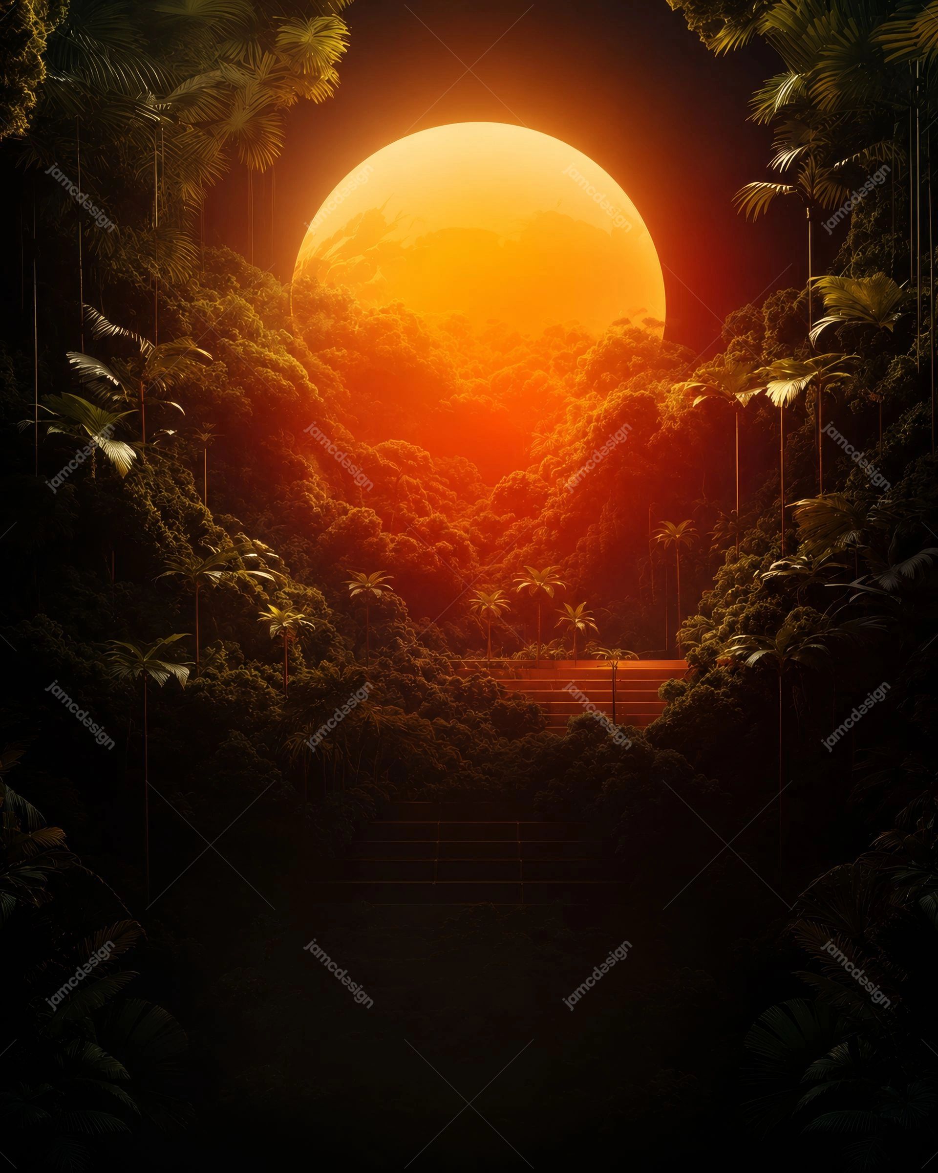 Fundo de Pôr do Sol na Selva Tropical com Sol Gigante Brilhante. Sol laranja brilhante domina um cenário escuro de selva