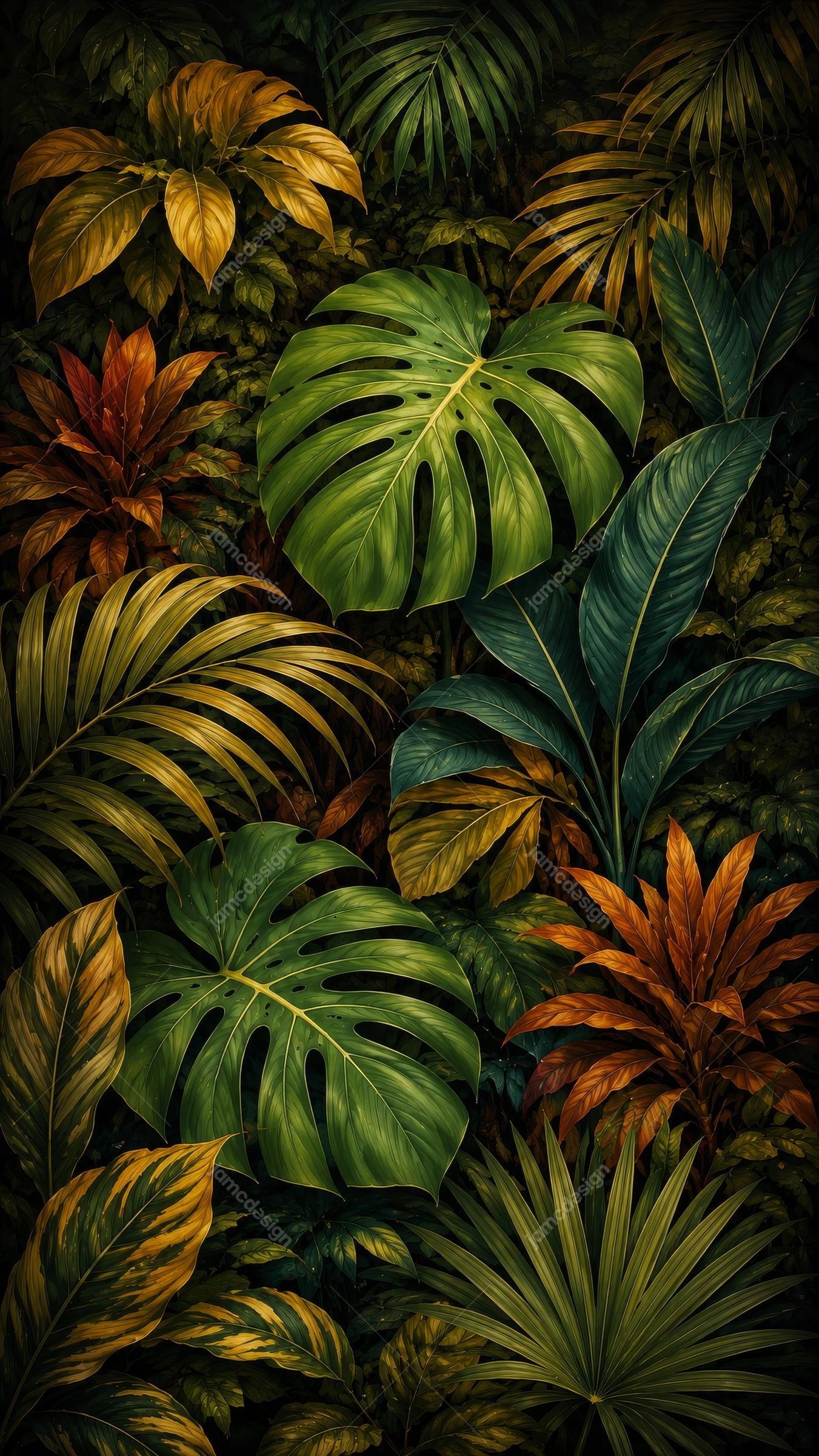 Autumn Green Orange Tropical Leaves Jungle Background
