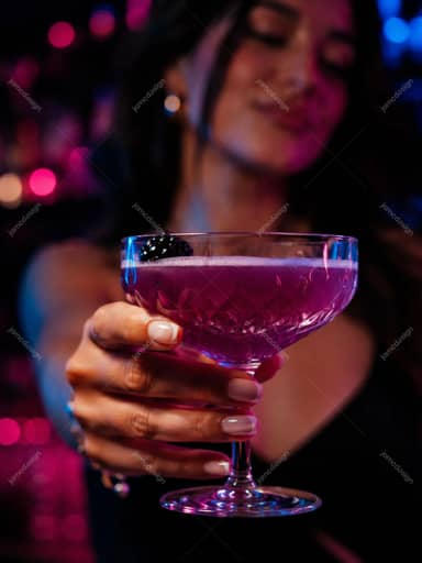 Purple Cocktail Close Up With Neon Club Lights Dark Glass Photo JPG