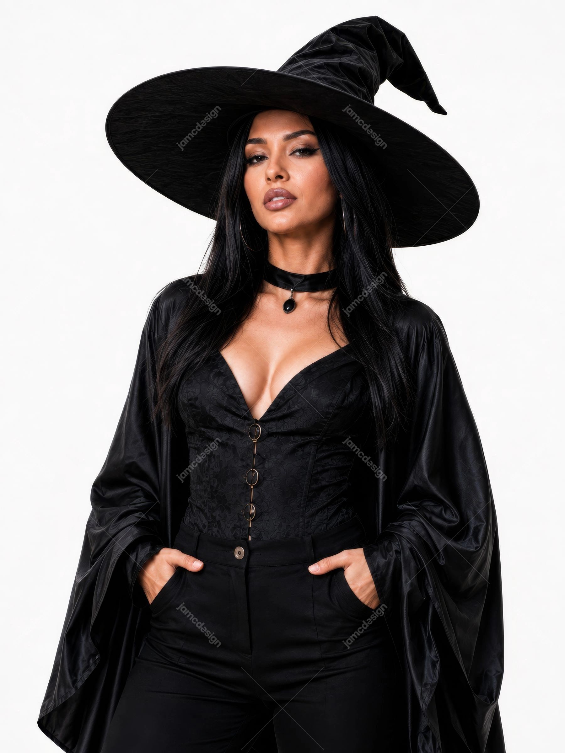 Portrait de Studio d’une Belle Femme Sorcière au Chapeau Noir. Photo JPG réaliste d’une femme portant un large chapeau noir de sorcière