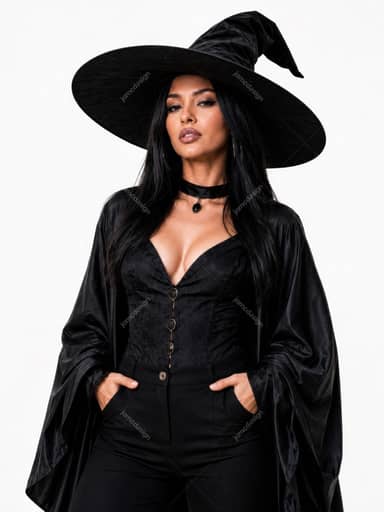 Portrait de Studio d’une Belle Femme Sorcière au Chapeau Noir