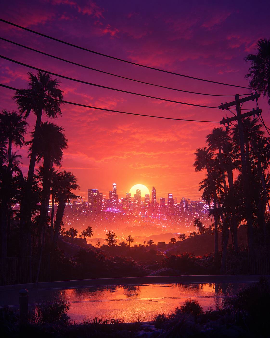 Vaporwave Sunset City Skyline with Palm Trees Background