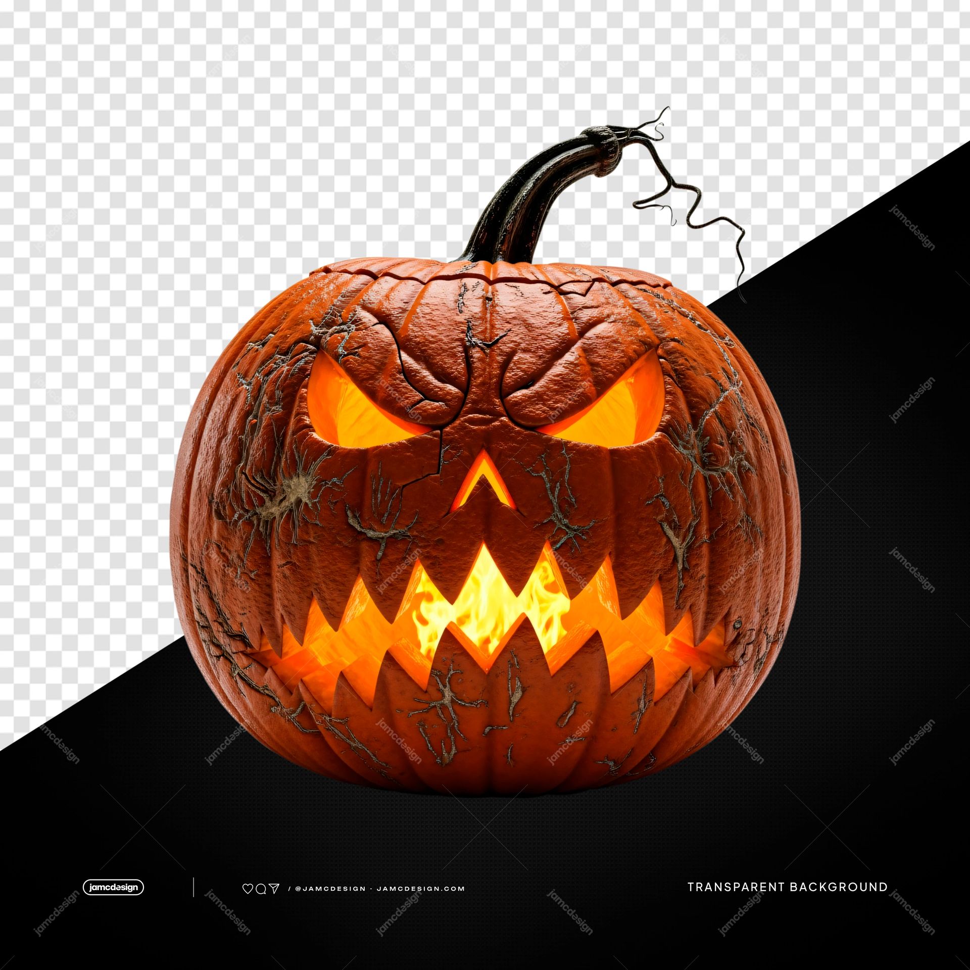 Abóbora Jack o Lantern Maligna com Dentes de Fogo PNG Transparente. Objeto transparente em PNG com uma abóbora Jack O Lantern maligna esculpida