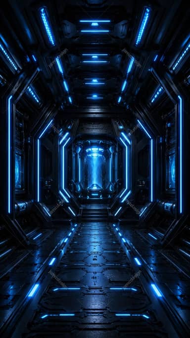 Arrière-Plan de Couloir Futuriste avec Cœur d’Énergie Bleue