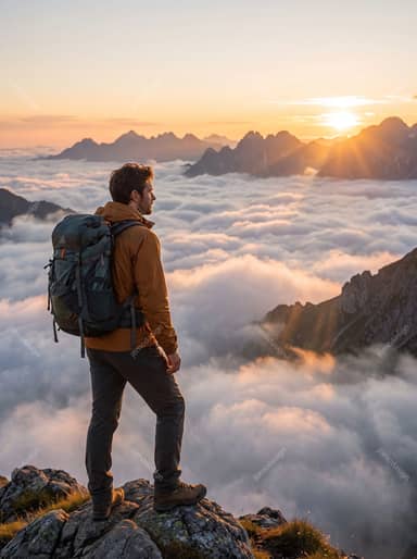 Hiker Watching Sunrise Above Mountain Clouds