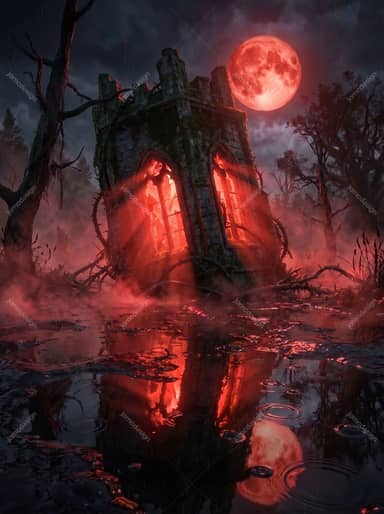 Red Light Gothic Ruins Halloween Crimson Moon Background JPG