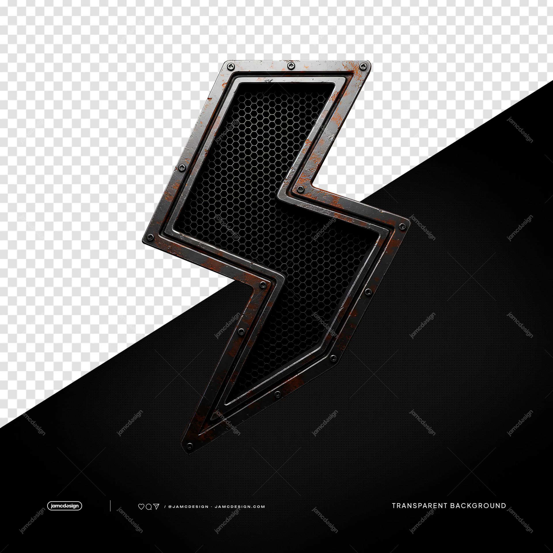 Black Metal Lightning Bolt Industrial Honeycomb PNG Transparent. A PNG transparent object featuring a black metal lightning bolt with a distressed industrial