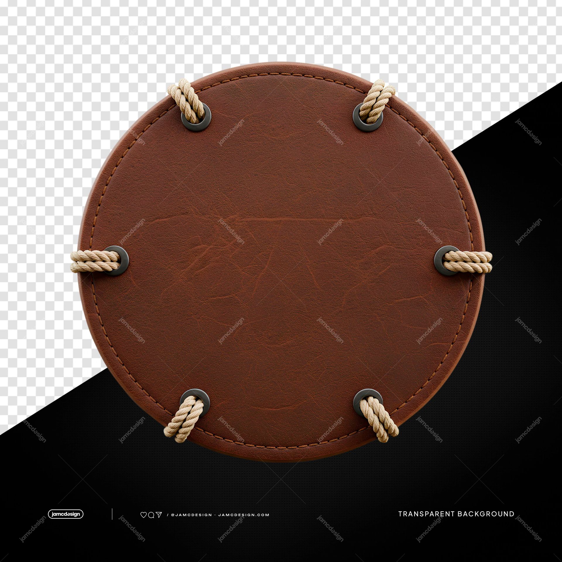 Brown Leather Round Board With Rope Loops PNG Transparent. This transparent object PNG shows a round brown leather board with stitched edging and six rope