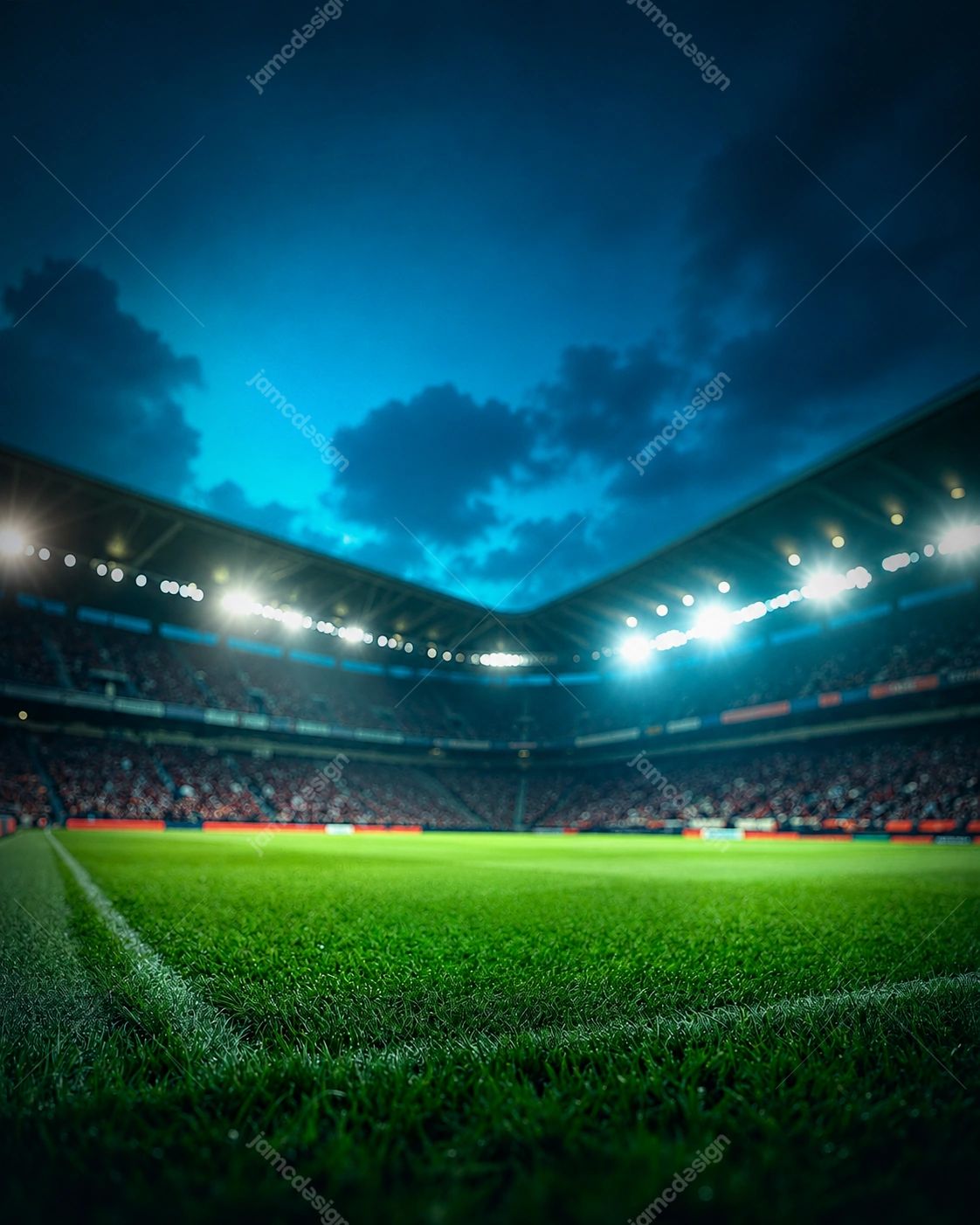 Cinematic Soccer Stadium Lights Background. Cinematic football stadium scene as a PNG background, showing a green grass pitch with a white line