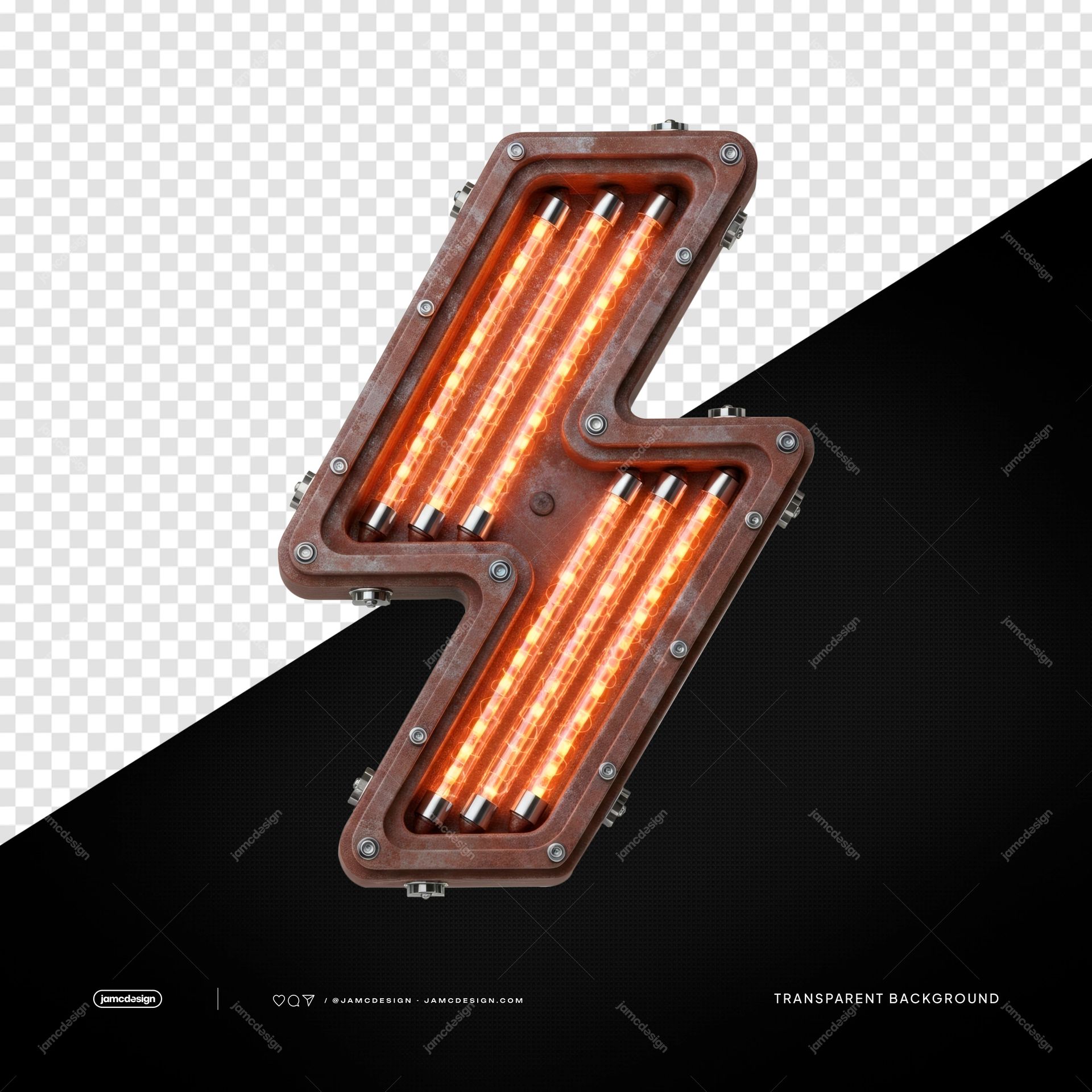 Industrial Orange Lightning Bolt Light PNG Transparent. PNG transparent object featuring an industrial orange lightning bolt light with a weathered metal frame