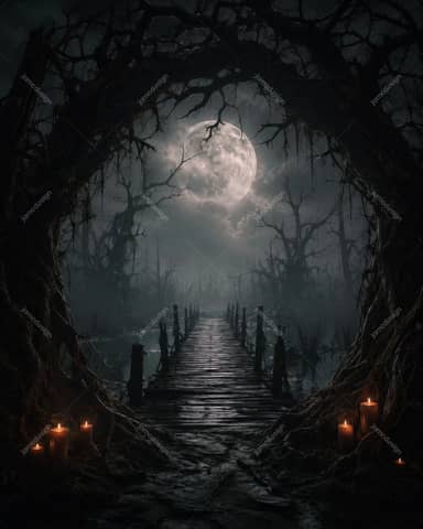 Haunted Swamp Bridge Full Moon Halloween Background