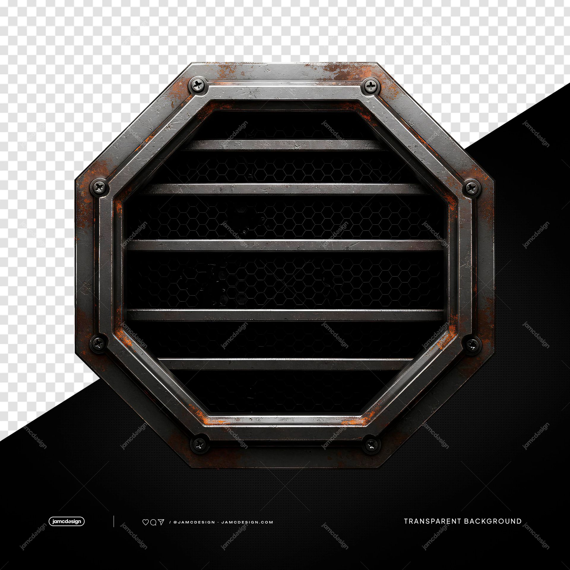 Riveted Octagonal Metal Grille Dark Mesh PNG Transparent. Transparent PNG object showing a riveted octagonal metal grille with dark mesh