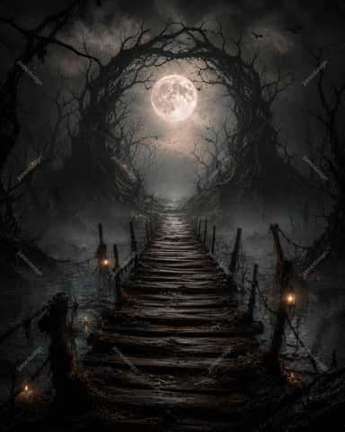 Stone Arch Portal Full Moon Halloween Background