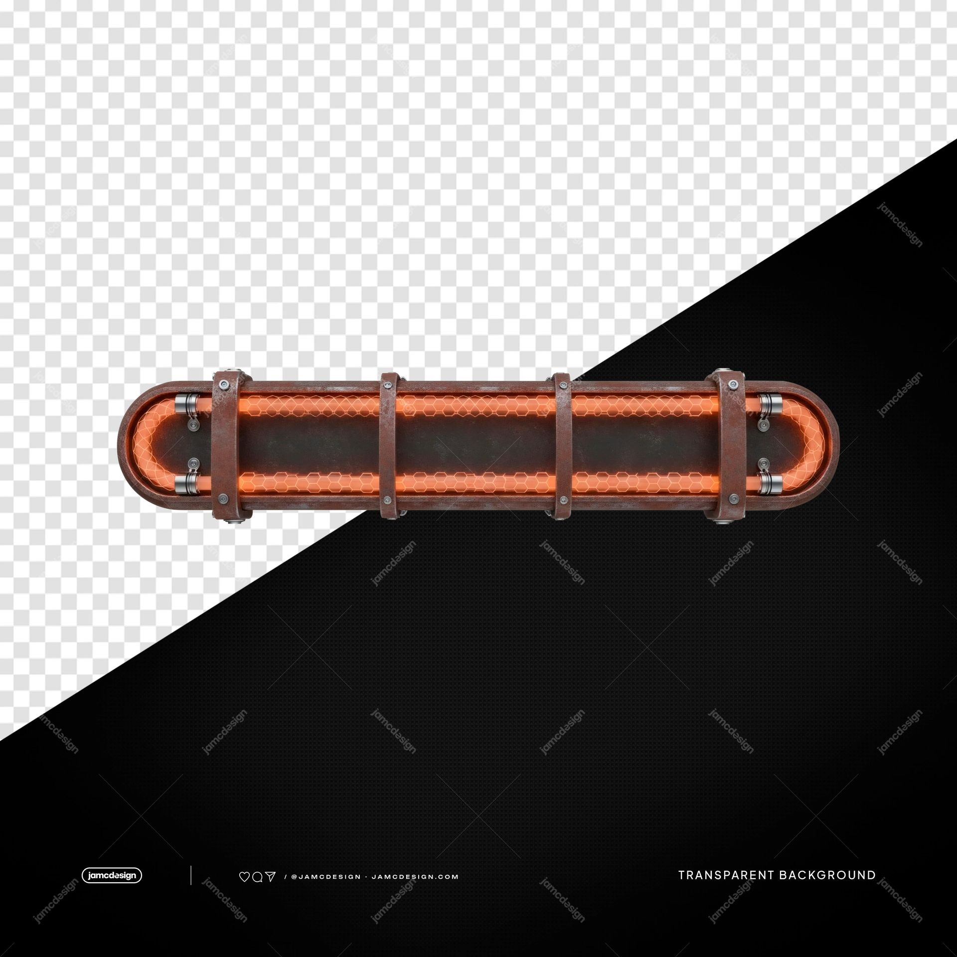 Barra de Luz Industrial Laranja com Brilho de Tubo Metálico PNG Transparente. Barra de luz industrial enferrujada fornecida como objeto PNG transparente