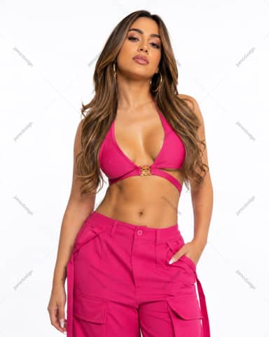 Foto de Mulher com Top Halter Rosa e Calças Cargo