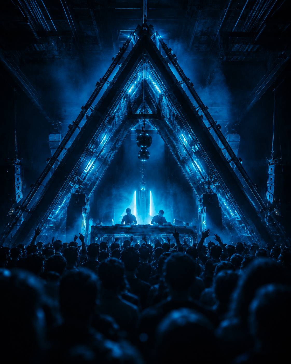 Blue Neon Underground DJ Concert Crowd Background