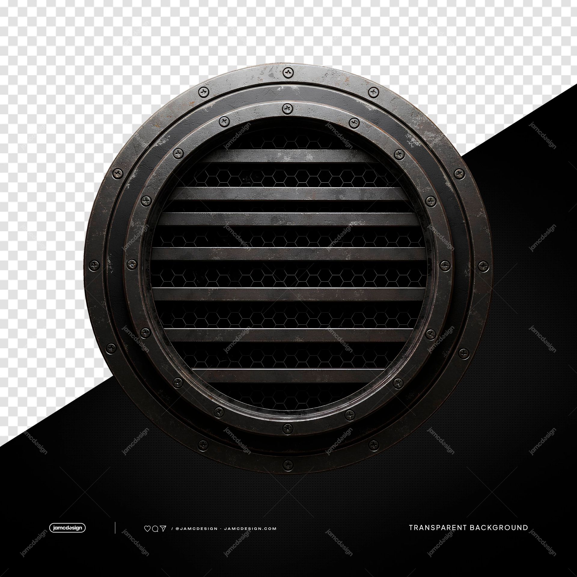 Round Black Metal Grille Dark Frame PNG Transparent. Round metal grille supplied as a PNG transparent object, featuring a dark circular frame, slats