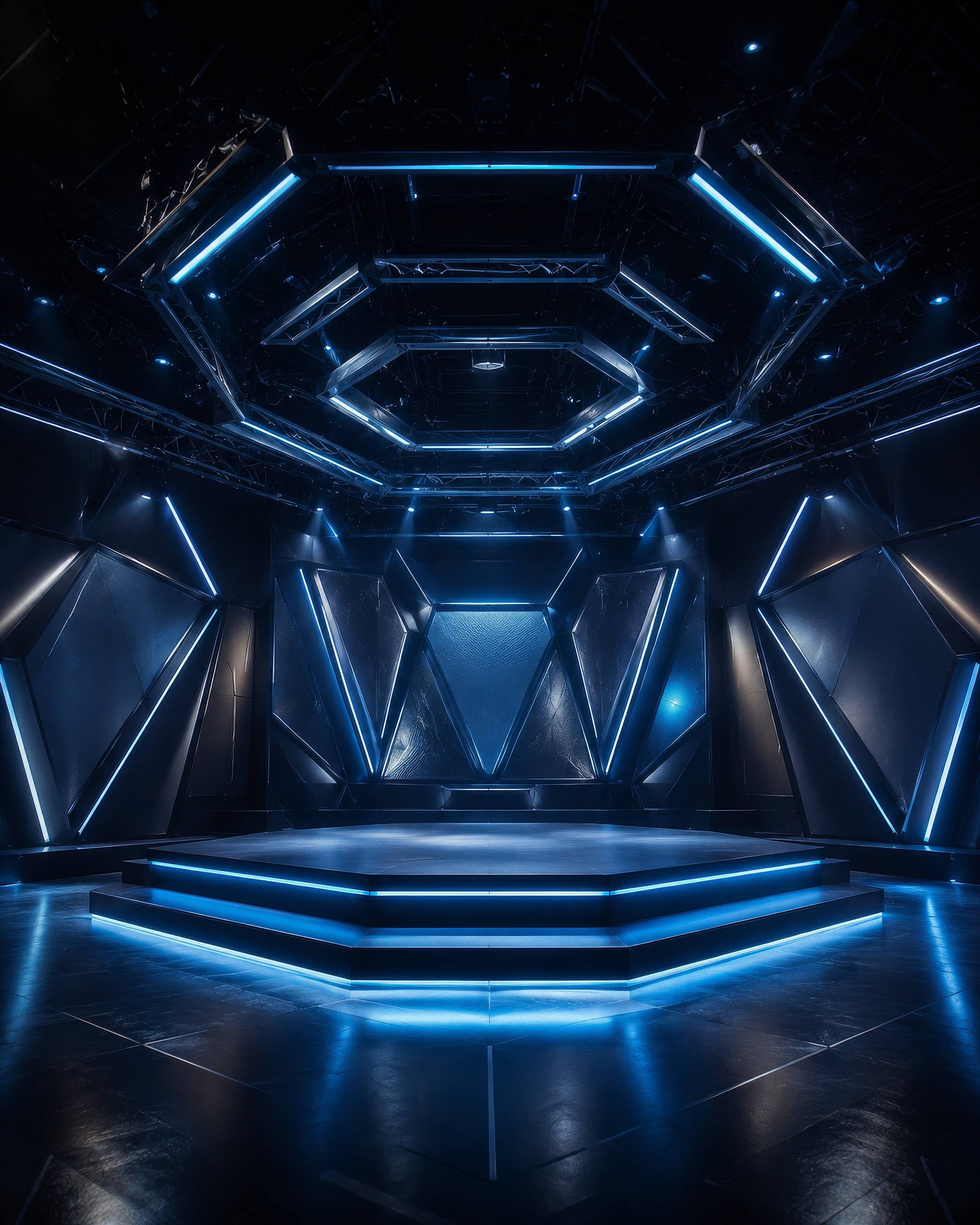 Futuristic Concert Platform with Blue Glowing Lights Background