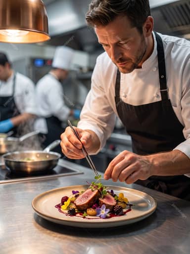 Professional Chef Plating Gourmet Dish In Restaurant Kitchen
