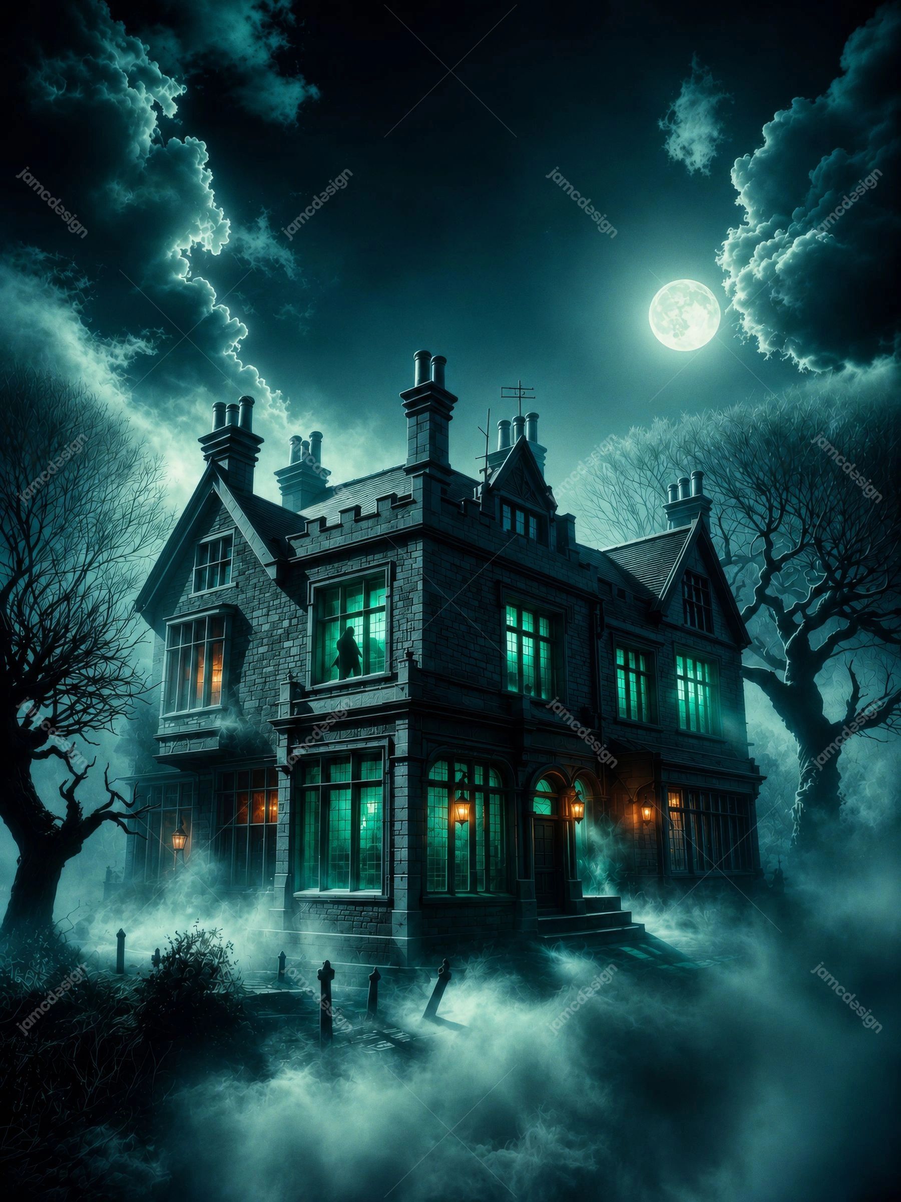Haunted House Full Moon Halloween Dark Fog Background. JPG background showing a gothic haunted house beneath a bright full moon, with teal window glow