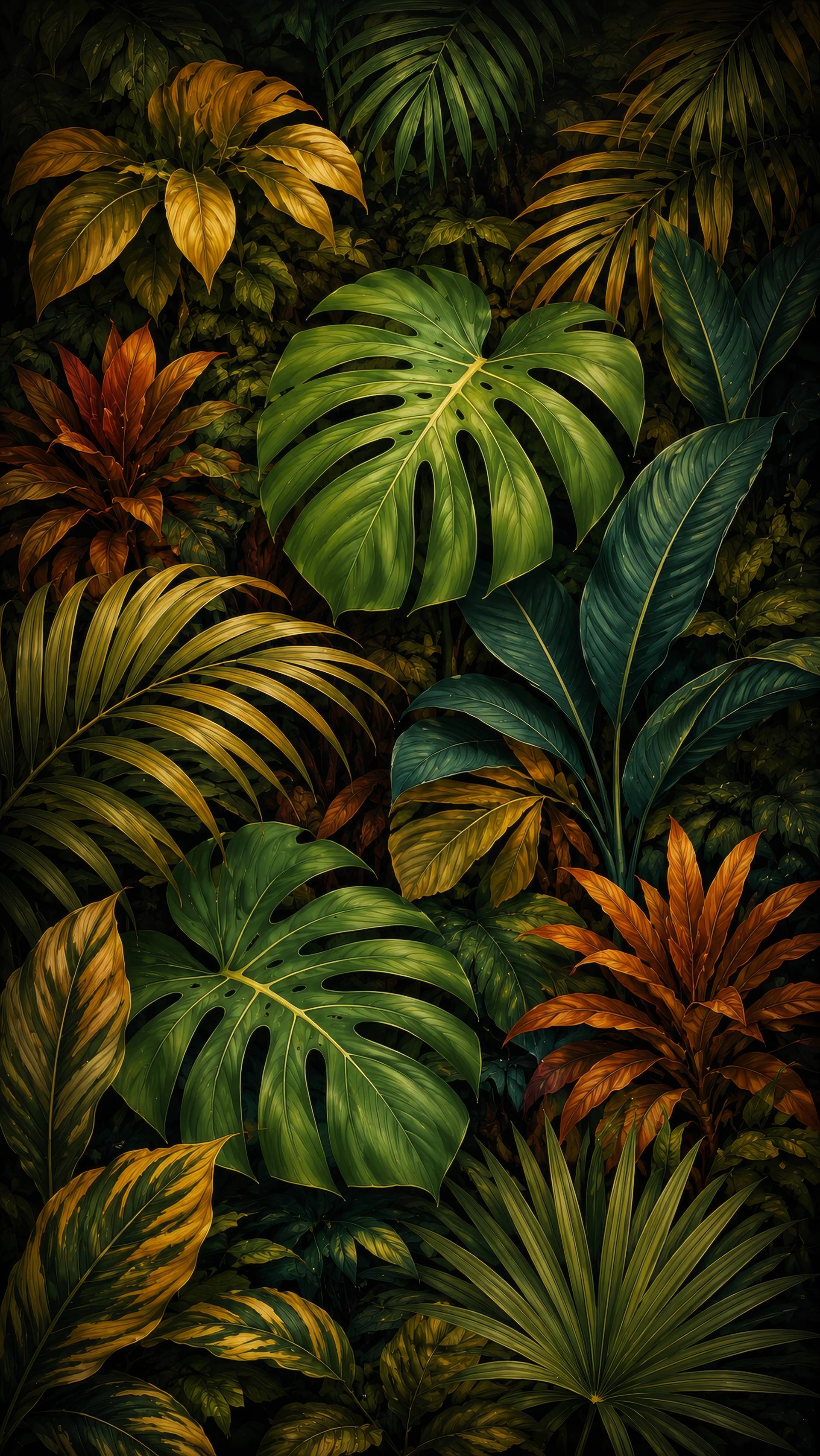 Autumn Green Orange Tropical Leaves Jungle Background