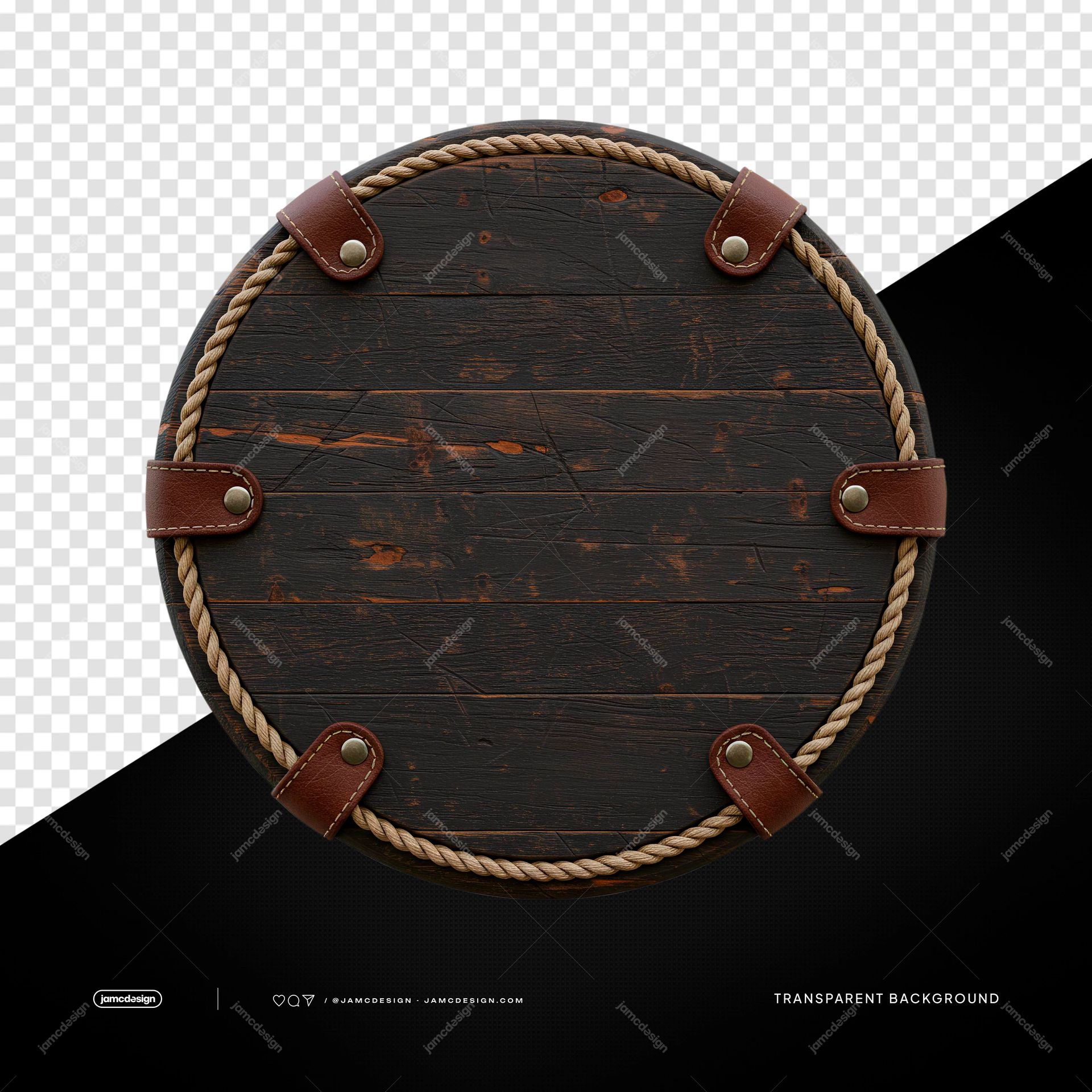 Rustic Dark Round Board With Leather Tabs PNG Transparent. Transparent PNG object featuring a round dark wooden board with visible grain