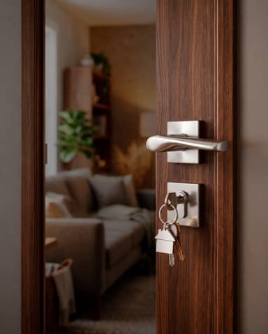 House Keys in Wooden Door Lock Real Estate Background