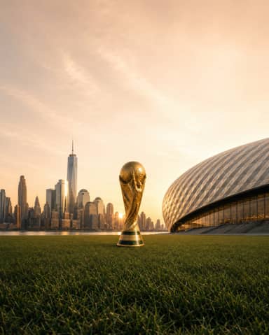 Golden World Football Trophy on Stadium Field at Sunset Background