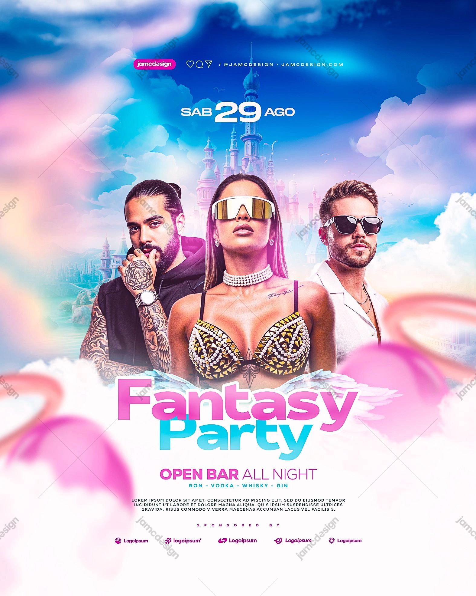 Fantasy Party Social Media Flyer Template PSD Editable. Editable PSD template for a fantasy party social media flyer with a bright pastel composition in pink