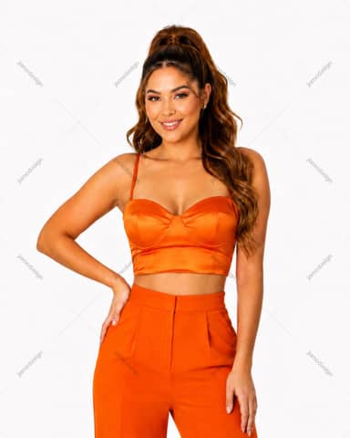 Woman In Orange Satin Crop Top And Pants Photo