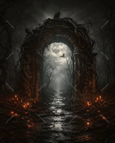 Ancient Gothic Portal Full Moon Halloween Background