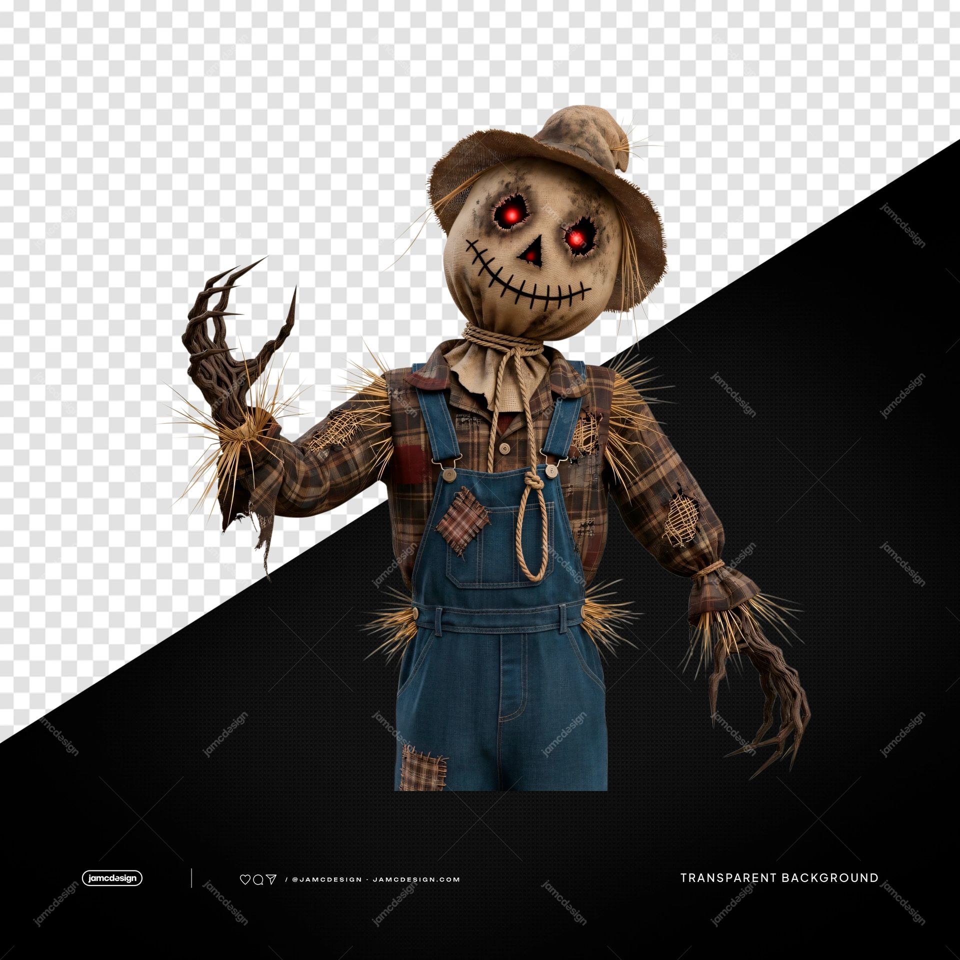 Sinister Scarecrow With Clawed Hand Red Glowing Eyes PNG Transparent. PNG transparent object showing a sinister scarecrow with clawed hands