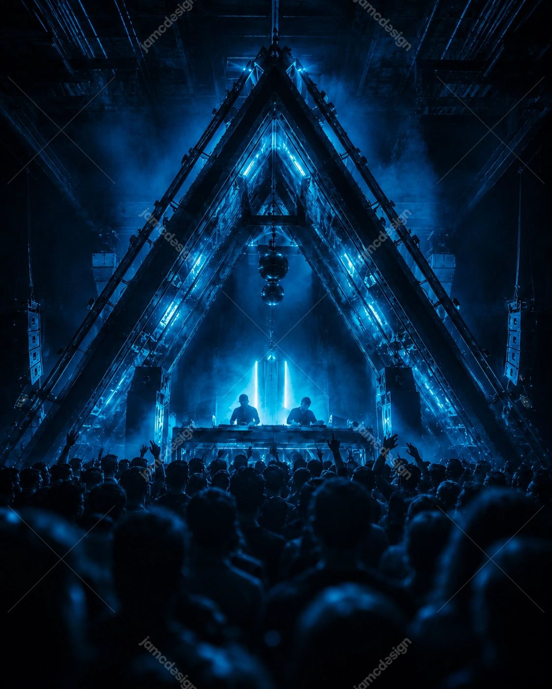 Blue Neon Underground DJ Concert Crowd Background
