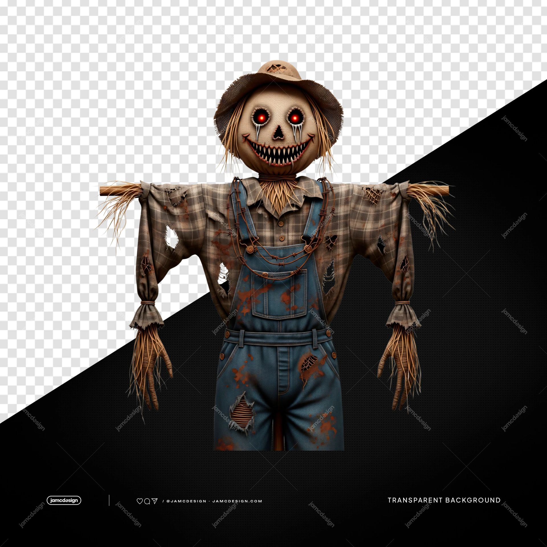 Épouvantail Sympa en Salopette Jean, Épouvantail Horreur PNG Transparent. Cet objet PNG transparent représente un épouvantail au large sourire